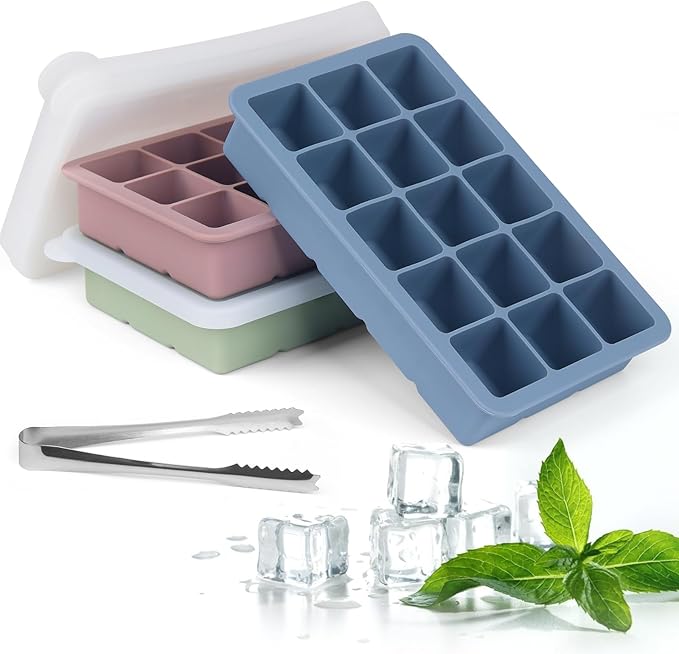 Ice Cube Tray with Lid and Tong, 3 Packs 45 Cubes, Silicone Ice Cube Trays Reusable and BPA Free for Whiskey, Cocktail, Drinks&Baby Food, Freezer, Souper(Pink+Blue+Green)