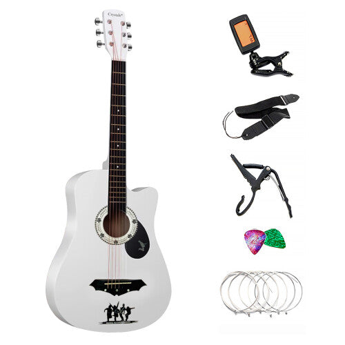 38-Inch Full-Size 6-String Acoustic Guitar in Royal White - Classic Basswood Body, Birch Fretboard, Includes Tuner, Capo, Strap and Extra Strings
