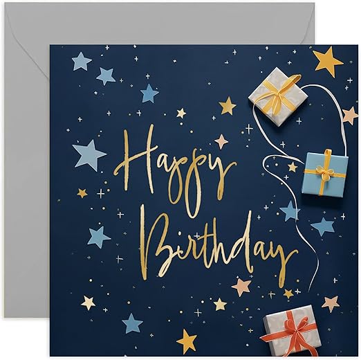 Special Happy Birthday Cards for Him - Navy Blue Male Birthday Card for Family and Frienss - Stars Wrapped Gifts Presents Card Design - Modern Birthday Card | Blank Inside