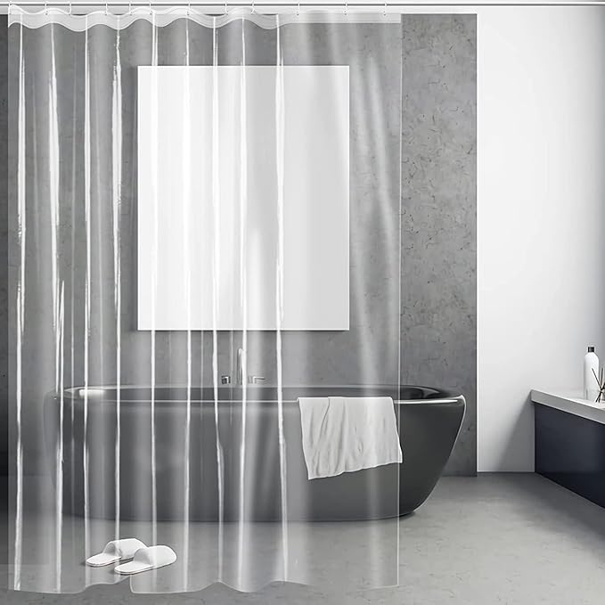 Clear Shower Curtain Liner - 12G Thick Plastic PEVA, 180x180cm See-Through Transparent, Anti-Mould & Mould-Free, Waterproof Bathroom Curtain, Non-Toxic with Free Hooks, Washable & Easy Care