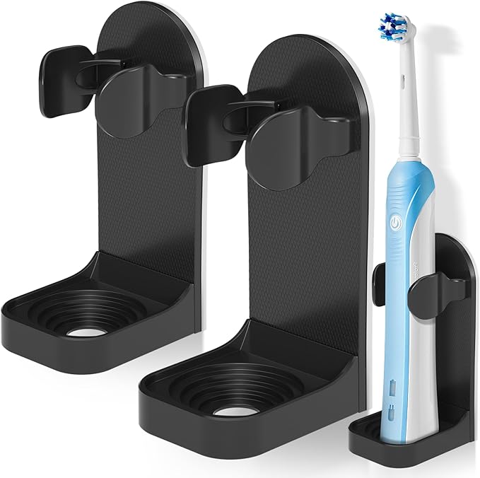 HOMMAND 2 Pack Electric Toothbrush Holder, Strong Adhesive Electric Toothbrush Holder Wall Mounted, Adjustable Electric Toothbrush Stand Toothbrush Organizer for Bathroom (Universal), Black, Schwarz