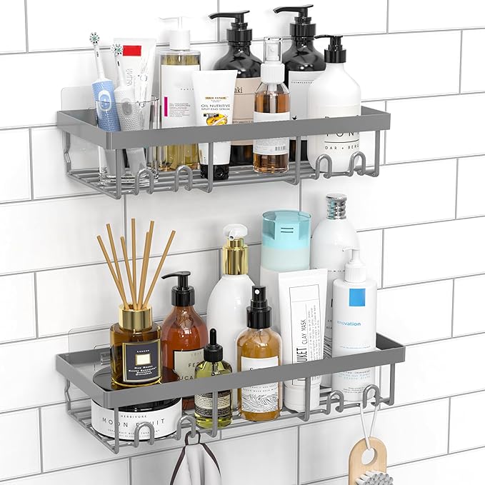Shower Caddy Shelf Organiser 2 Pack, No Drill Gray Shower Shelves,Self Adhesive Bathroom Storage Accessories