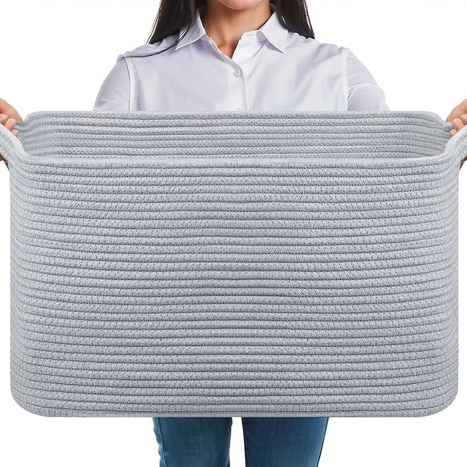 Large Storage Basket, Blanket Basket for Clothes Bedding, Woven Storage Baskets, Toy Storage for Kids, Rope Basket for Living Room, Nursery, Bedroom 55x38x30 cm (Grey, 1 Pack)