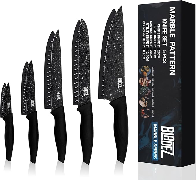 Bladez Professional Kitchen Knife Set, 5 Pcs Stainless Steel Kitchen Knives Set with Ultra Sharp Blade and Soft Handle, Includes Chef, Bread, Carving, Utility and Paring Knife, All in a Gift Box