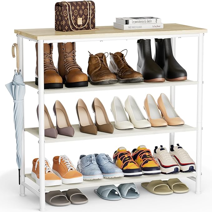 HOMIDEC Shoe Rack, 4-Tier Shoe Storage Shelves with Wooden Top, Shoe Organiser for 12-16 Pairs of Shoes, Dust-proof Fabric Shelves for Flats, Boots, Heels, Sneakers