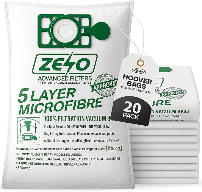 ZENO Hoover Bags for Henry Hoover 20 Pack | HEPA-Flo Numatic Bags | 5 Layer Construction | High Filtration & Superior Cleaning Performance | Replacement for NVM-1CH / 907075