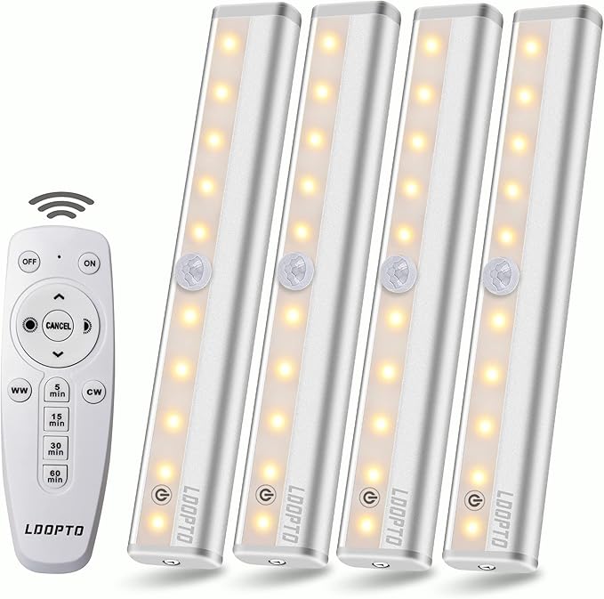 LDOPTO Under Cabinet Kitchen Lights with Remote Dimmable LED Cupboard Battery Powered LED Bedroom Lights with Timer for Kitchen Hallway, Multiple Colors 4 Pack[Energy Class A]