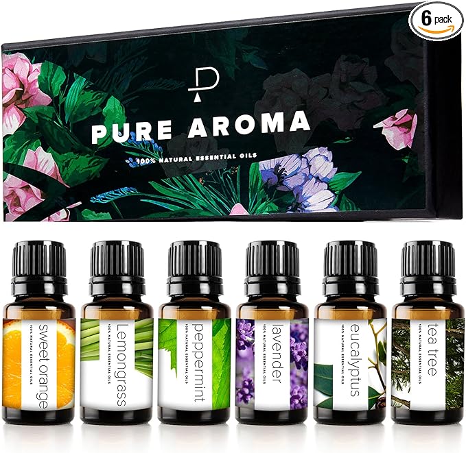 Essential Oils by Pure Aroma 100% Pure Therapeutic Grade Oils kit- Top 6 Aromatherapy Oils Gift Set-6 Pack, 10ML(Eucalyptus, Lavender, Lemon Grass, Orange, Peppermint, Tea Tree)