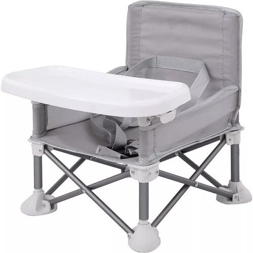 (Grey) Baby Travel Booster Seat with Tray Toddler Portable Folding Chair Indoor/Outdoor