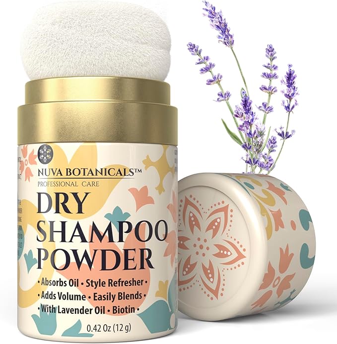 Nuva Botanicals Non Aerosol Dry Shampoo Powder with Biotin - Lavender Extract and Korean Ginseng - Volumizing Travel Size (0.42 oz) - Gifts for Her