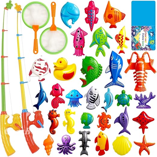 CozyBomB Magnetic Fishing Toys Game Set for Kids for Bath Time Pool Party with Pole Rod Net, Plastic Floating Fish - Toddler Education Teaching Christmas Birthday Gifts