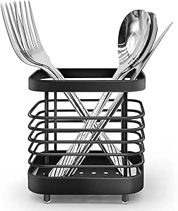 Utensil Holder, Stainless Steel Cutlery Drainer Sink Caddy, Rust Proof Sink Tidy Kitchen Sink Organiser, Cutlery Organiser for Kitchen Utensil (Black)