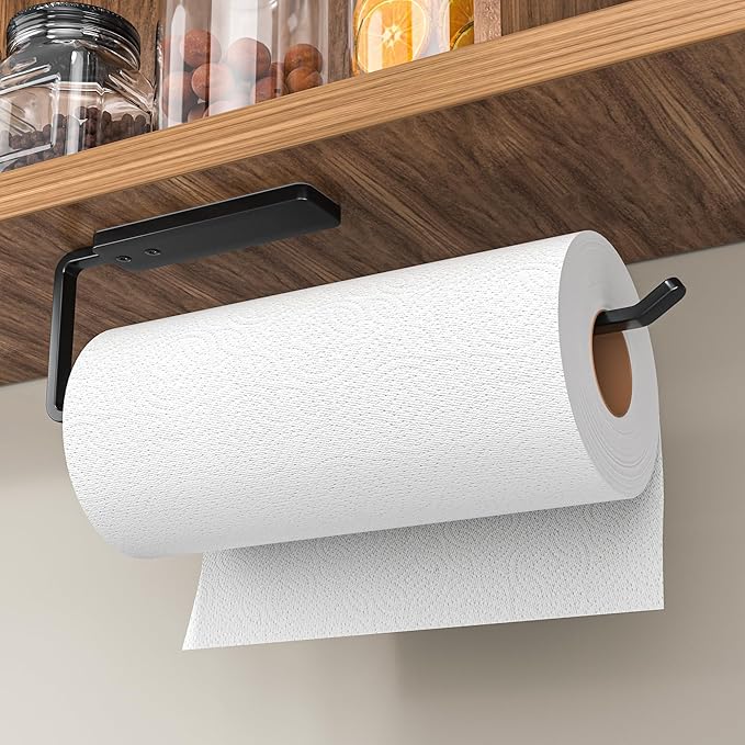 Paper Towel Holder Under Cabinet - Wall Mounted Kitchen Towel Holder No Drilling, Adhesive Under Cabinet Paper Towel Holder, Black Kitchen Towel Holder, 31 x 8 x 3.5 cm, Aluminum, Black