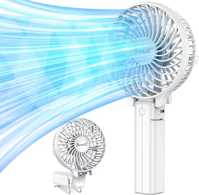 VersionTech Handheld Fan Portable USB Rechargeable with 3 Speeds,Battery Operated Electric Powered Mini Foldable Desk Fan for Home Office Ceiling Travel (White)