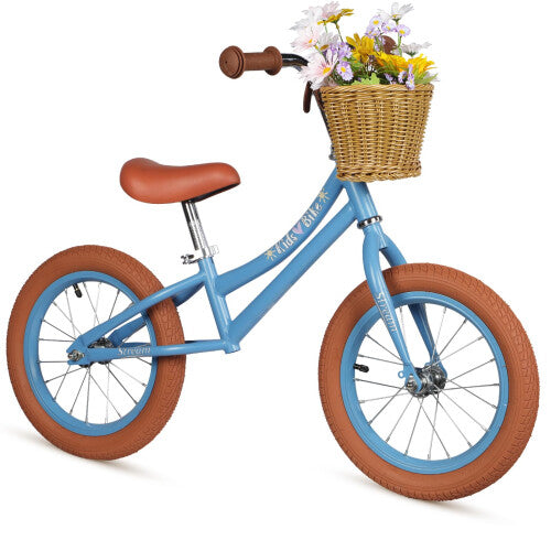 (blue) 14 Inch Kids Balance Bike, Lightweight Height-adjustable Push Bike with Removable Basket and Rubber Air Tires