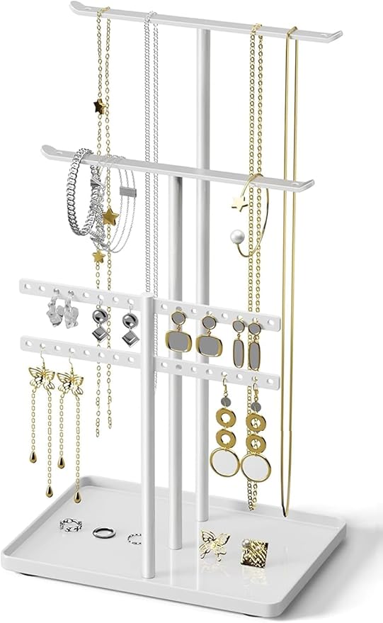 pickpiff Jewelry Stand Organizer, 32cm Tall Sturdy Metal, 3-Tier Jewelry Holder for Necklace, Earring, Bracelet, Ring, Hanger for Display and Storage, Aesthetic Room Decor, White