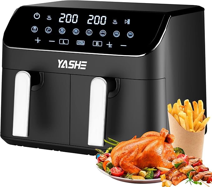 9L Dual Air Fryer with 2 Independent 4.5L Drawers, 8-in-1 Presets, Smart Sync Finish, 3D Rapid Air Circulation, Digital Touch Screen, Adjustable Temp & Time, Dishwasher Safe, Oil-Free Healthy Cooking