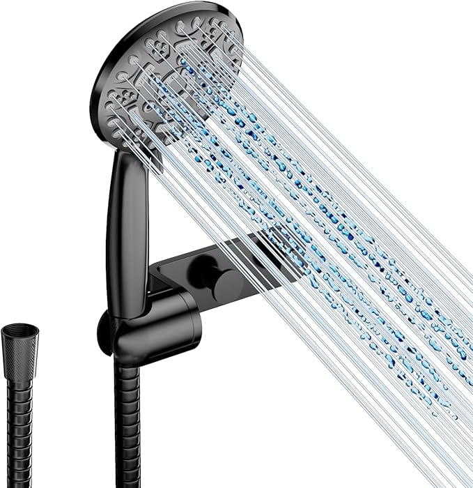 Cobbe Shower Head and Hose with Holder, High Pressure Shower Head with 8 Spray Modes, Universal Powerful Flow Rain Showerhead, Water Saving for Low Water Pressure, Black