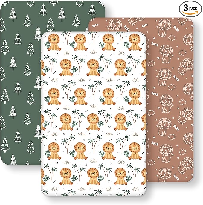 Next to Me Crib Sheets 85x51cm Fitted, 3 Pack Baby Cot Sheets, Ultra Soft & Silky Smooth Microfiber Bedside Crib Fitted Sheets Brown Lion