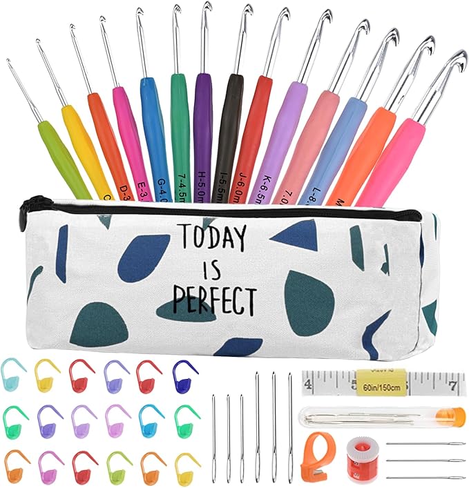 14 Sizes Crochet Hooks Set Crochet Kit for Beginners Adults Knitting Accessories Tools with Case Aluminum Crochet Needles 2.0mm-10.0mm Ergonomic Grip for Arthritic Hands Gift
