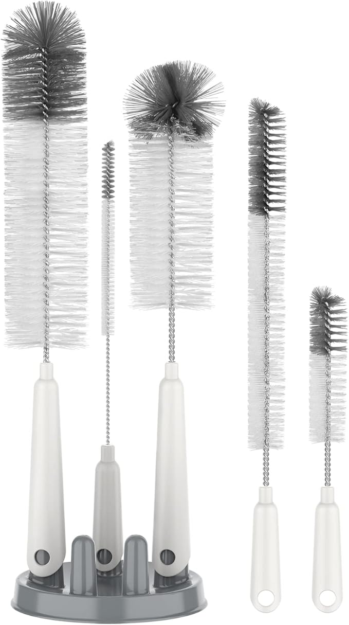MR.SIGA Bottle Brush Cleaning Set with Storage Holder 5 Pack, Straw Cleaner Brush for Long Narrow Neck Bottles, Water Bottles, Baby Bottles, Tumblers, Drinking Glasses, Strews