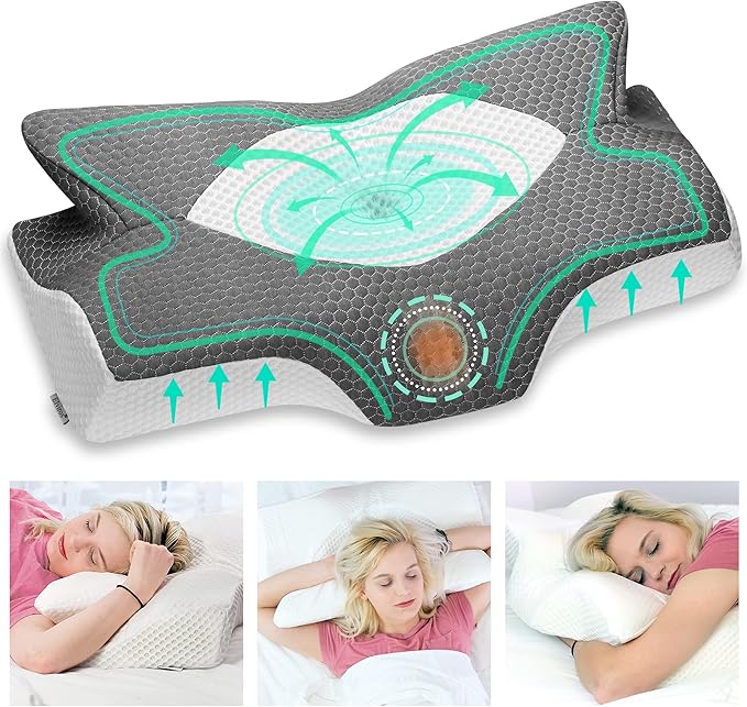 Elviros Cervical Memory Foam Pillow for Neck Pain Orthopedic Neck Pillow for Shoulder Pain Ergonomic Head Neck Support Pillow for Side/Back/Stomach Sleepers with Removable Cover (Dark Grey)