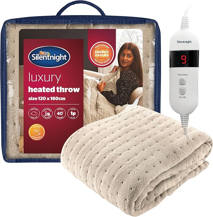 Silentnight Comfort Control Heated Throw Blanket - Luxury Fleece Electric Heated Overblanket for Sofa Bed with 9 Heat Settings, Fast Heat-up Safety Shut Off - Machine Washable - 120x160cm - Natural