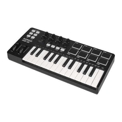 25-Key Portable MIDI Keyboard Controller with Strike Pads & Knobs in Black