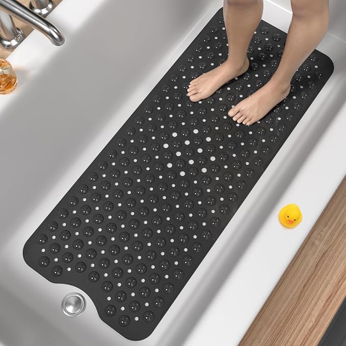 HITSLAM Non Slip Bath Mat for Tub, 101 x 40cm Extra Long Shower Mat Anti Mould, Machine Washable Bathroom Bathtub Mat with Suction Cups and Drain Holes, Soft on Feet, Clear Black