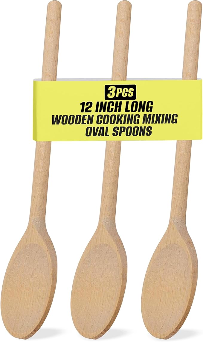 12 Inch Long Wooden Spoons for Cooking - Oval Wood Mixing Spoons for Baking, Cooking, Stirring - Sauce Spoons Made of Natural Beechwood - Set of 3