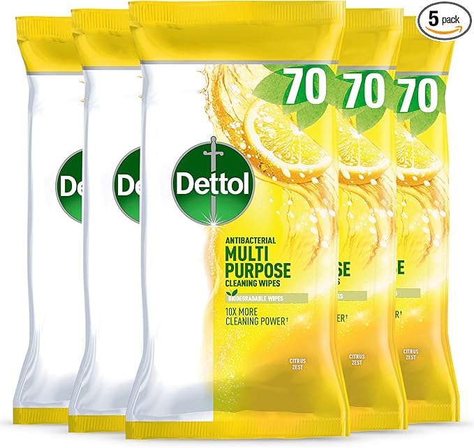 Dettol Antibacterial Multipurpose Cleaning Wipes, Citrus Zest, 350 Wipes (70 x 5pck) Disinfectant, Biodegradable, 10X Cleaning power vs Water alone, Kills 99.9 Percent of Germs