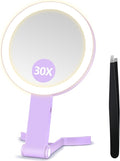 B Beauty Planet Makeup Mirror with Light, Double Sided 30X/1X Travel Magnifying Mirror, 3 Color Lights, Dimmable Touch Screen, Cosmetic Foldable mirror with Tweezer, Tabletop Handheld Hanging (Purple)
