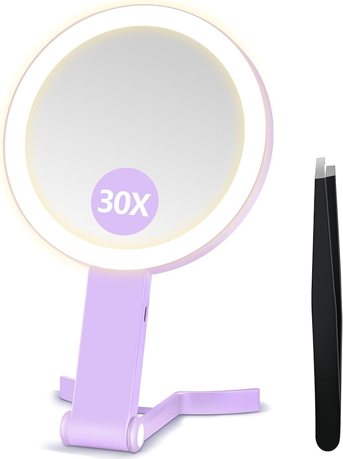 B Beauty Planet Makeup Mirror with Light, Double Sided 30X/1X Travel Magnifying Mirror, 3 Color Lights, Dimmable Touch Screen, Cosmetic Foldable mirror with Tweezer, Tabletop Handheld Hanging (Purple)