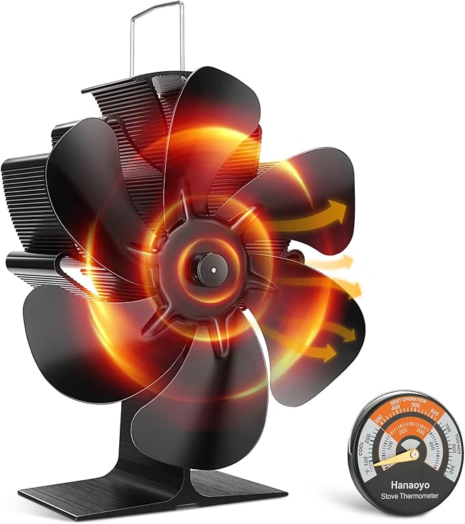 Stove Fan, 6 Blades Log Burner Fan Heat Powered, Silent Operation, for Log Burner/Wood/Fireplace, Stove Top