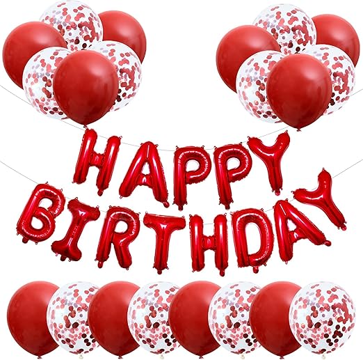 Happy Birthday Banner, Red Balloon Decoration Set - 20 Pack Including Latex and Confetti Balloons, 16-inch Foil Balloons for Boys, Girls, Women Party