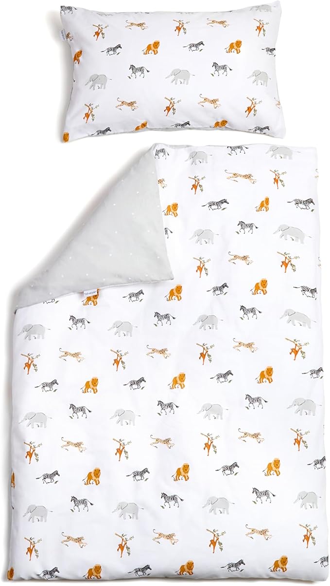 Clair de Lune Jungle Dream Reversible Cot Bed Duvet Cover and Pillowcase Set 120 x 150 cm , White/Grey