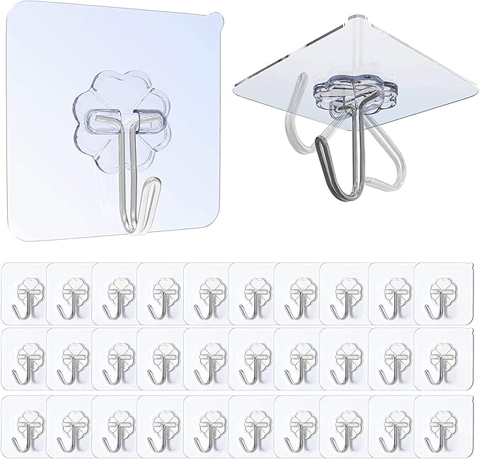 Self Adhesive Hooks, 30Pcs Sticky Hooks for Hanging, Hooks Heavy Duty 10kg (Max) Seamless Transparent Adhesive Hooks Waterproof and oil-resistant, Wall Hooks for Kitchen Bathroom Office Closet (30pcs)