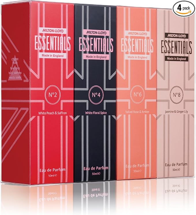 Milton-Lloyd Essentials Quad Pack for Her – 4 x 50ml Ladies Perfume Set (No2, No4, No6, No8) – Perfume for Women Gift Set – Long-Lasting Luxury Eau de Parfum for Women – Made in England