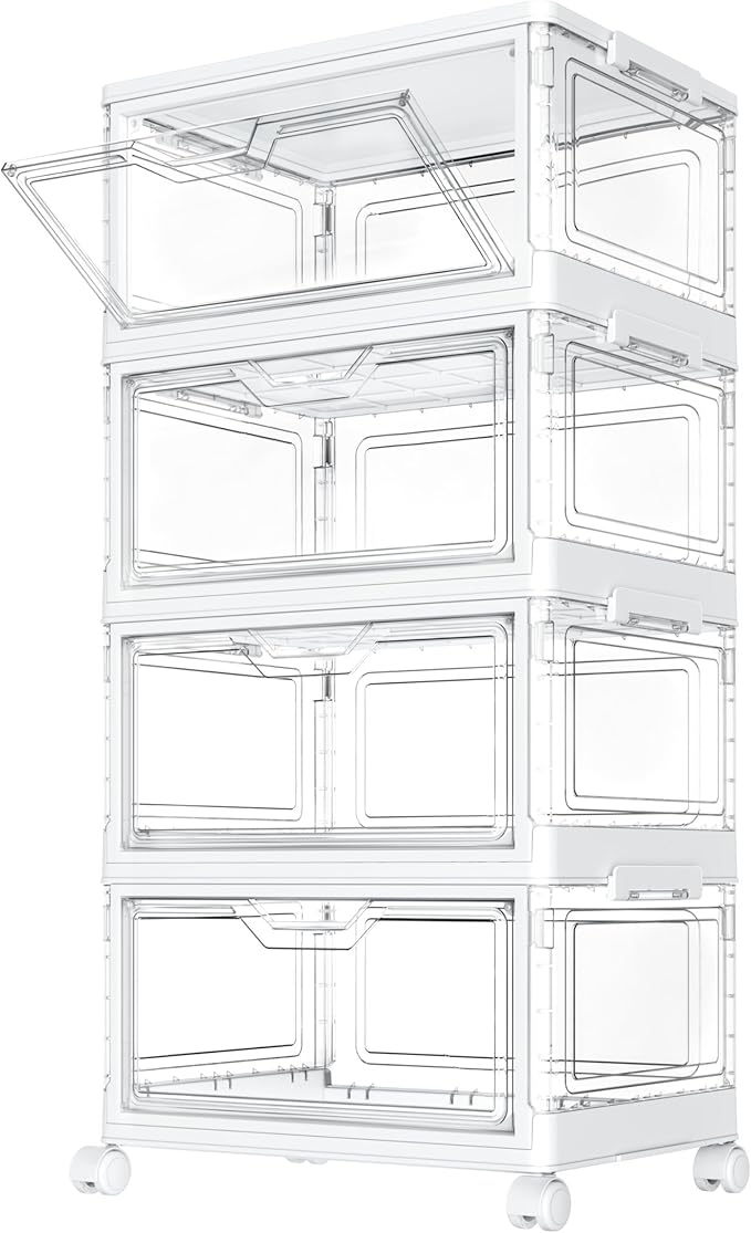 Storage Boxes with Lid - Plastic Storage Bins with 1 Lid,23L*4 Tier Clear Stackable Storage Boxes with Wheels,Large Bins Organizer for Bedroom Living Room Bathroom,4-Tier&1 Lid