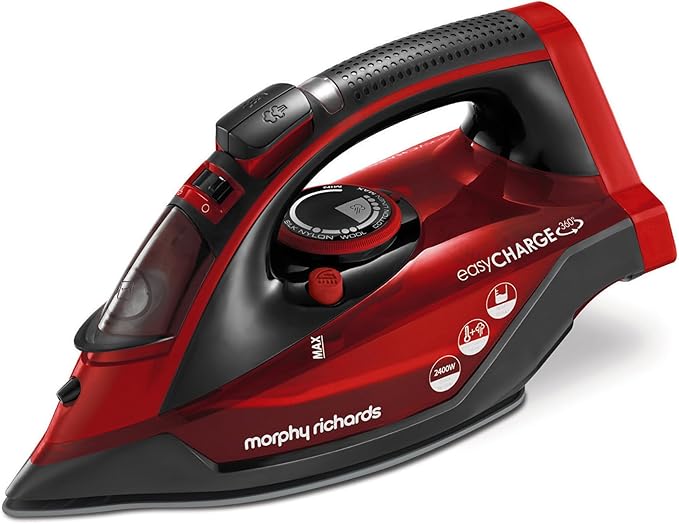 Morphy Richards EasyCHARGE Cordless Steam Iron, Non Stick Ceramic Soleplate, 130g Boost, 30g Output, 350ml Water Tank, Anti Drip and Scale, Auto Shut-off, 2.5m Cord, 2400W, Red, 303250