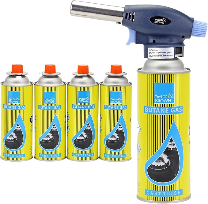 Blow Torch with 4 Butane Gas Bottles - for Camping, Cooking, Kitchen, BBQ, Desserts, Creme Brulee | Refillable Flamethrower Welding Refill Auto Ignition Soldering Weed Burning Blowtorch Lighter