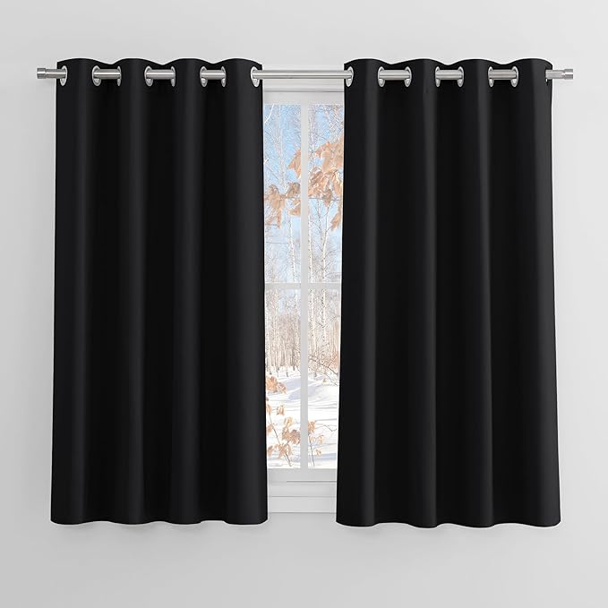 PONY DANCE Black Blackout Thermal Curtains for Bedroom Blackout Eyelet 54 Drop Small Window Curtains for Room Darkening & Noise Reducing, 2 Pieces, W 46 by L 54-inch, Black
