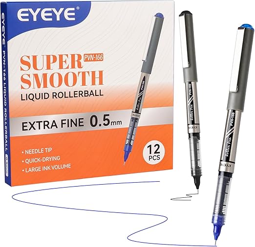 EYEYE Needle Rollerball Pens 0.5mm, 6 Black 6 Blue Extra Fine Point Pen Quick Dry, Liquid Ink Pens Fine Point Smooth Writing Pen for Colouring, Journaling, Note Taking, Office, School Supplies