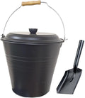 Easy Shopping® 12L 12 Liter Metal Ash Bucket Black with Free Shovel Fireside Storage Coal Ash Bin Fire Log Container with Wood Handle and Black Lid