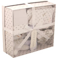 Newborn 7 Piece Luxury Boxed Gift Set, each box contains 1 x Teddy, 1 x Hat, 1 x Pair of Mittens, 2 x Wash Cloths, 1 x Pair of Socks and 1 x Burp