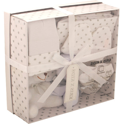 Newborn 7 Piece Luxury Boxed Gift Set, each box contains 1 x Teddy, 1 x Hat, 1 x Pair of Mittens, 2 x Wash Cloths, 1 x Pair of Socks and 1 x Burp