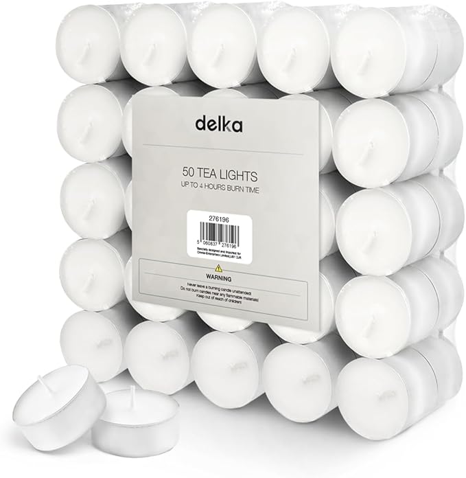 delka Unscented Tea Lights White-Long-Lasting 4 Hour Burn Time-Smoke-Free Bright Flame-Ideal for Weddings, Events, Aromatherapy, Home Décor, and Emergency Use-Premium Quality (White, 50 Pack)
