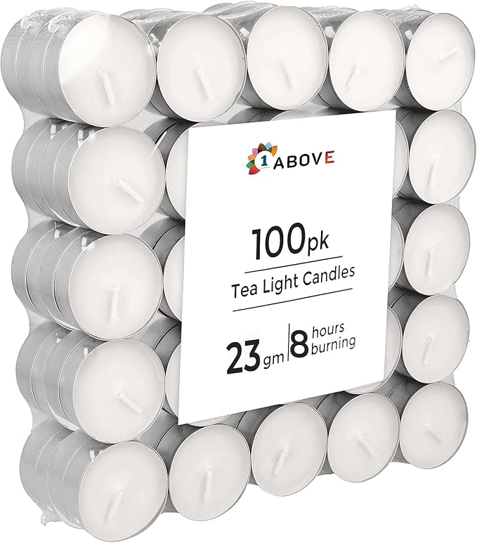 1ABOVE 100 Pack 8 Hour Long Burning Unscented Tea Light Candles, Long Lasting, Cotton Wicks Ideal for Weddings, Birthdays, Parties, Restaurants, Massage Parlors, Spa