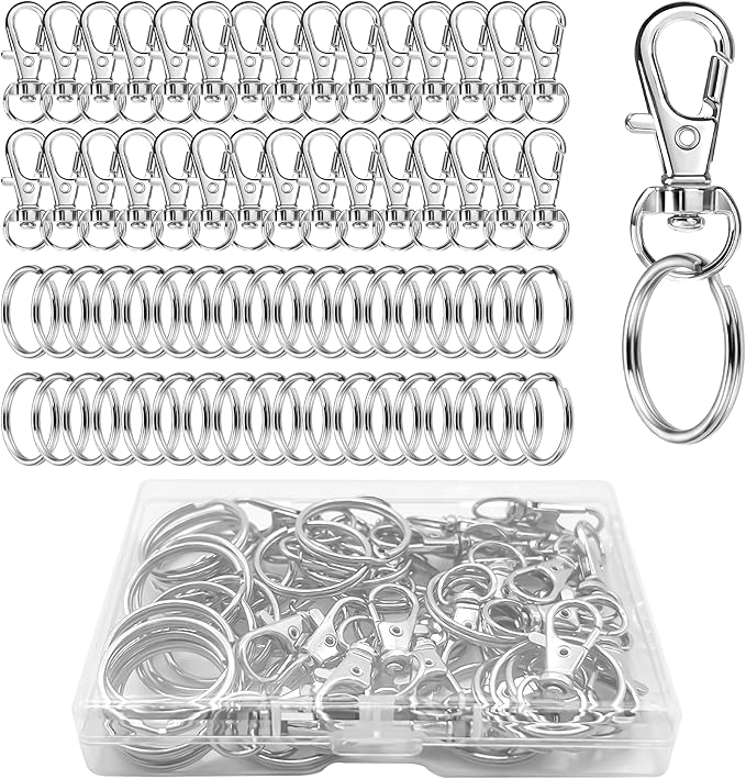 60 Pcs Keyring Making Kit 30Pcs Key Rings and 30Pcs Lobster Clasps Stainless Steel Metal Keychain Clip with Plastic Box for Jewellery Making DIY Craft