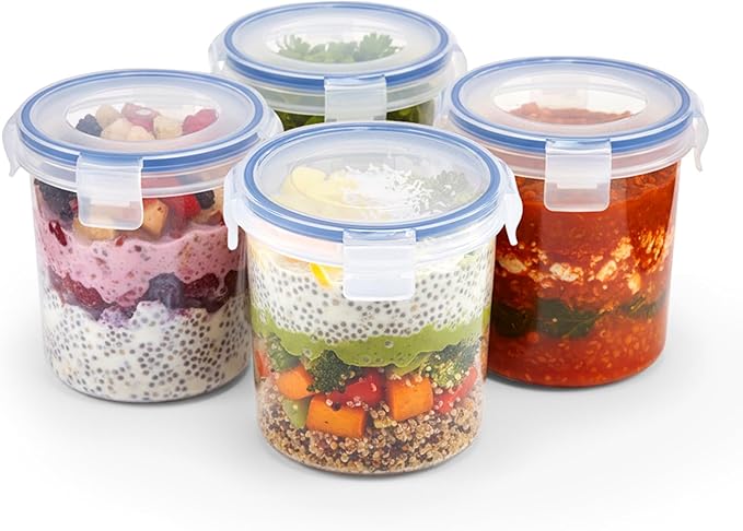 Overnight Oats Containers with Lids (4 Pack) – 16 oz BPA-Free Plastic Jars, Airtight Locking Seal Portable Cereal & Milk Storage, Microwave & Dishwasher Safe Oatmeal To-Go Jars